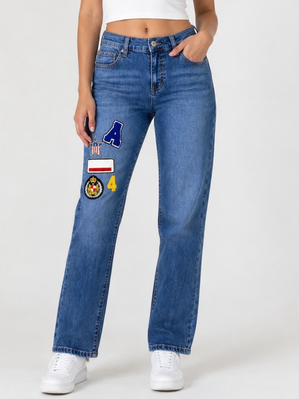 Earl Jeans Size 10 Blue Straight-Leg Jeans with Patch Accents Route 86 Ryder